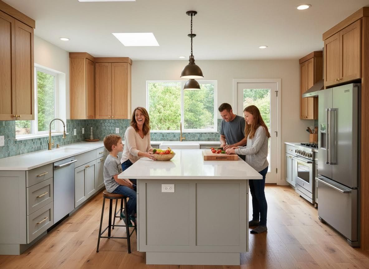 Happy family preparing food in a modern kitchen