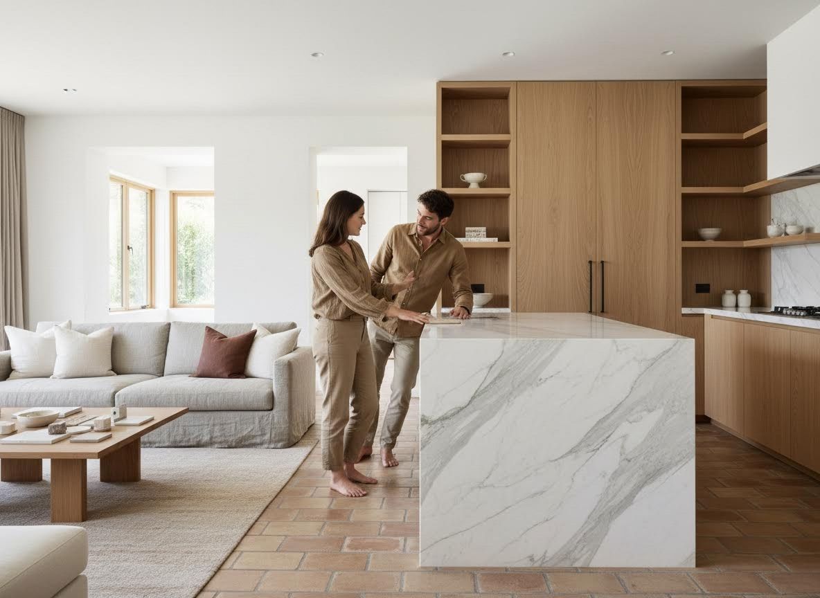 Couple discussing in modern open-plan kitchen and living room