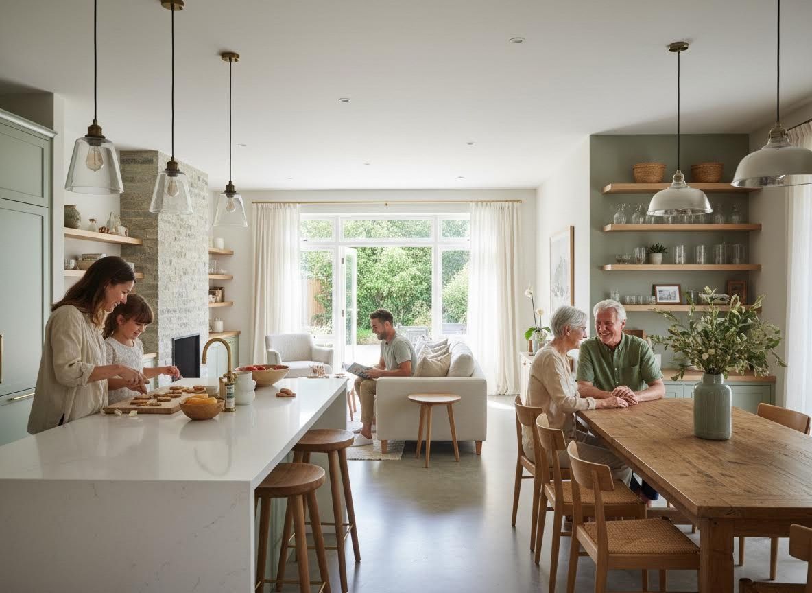 Multi-generational family enjoying an open-plan home