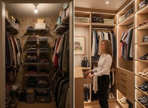 Left: a cluttered, dim old closet with floral wallpaper. Right: a bright, modern wooden closet with a woman smiling while organizing. Closet Before and After Transformation