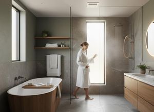 Modern Spa Bathroom with Woman in Robe