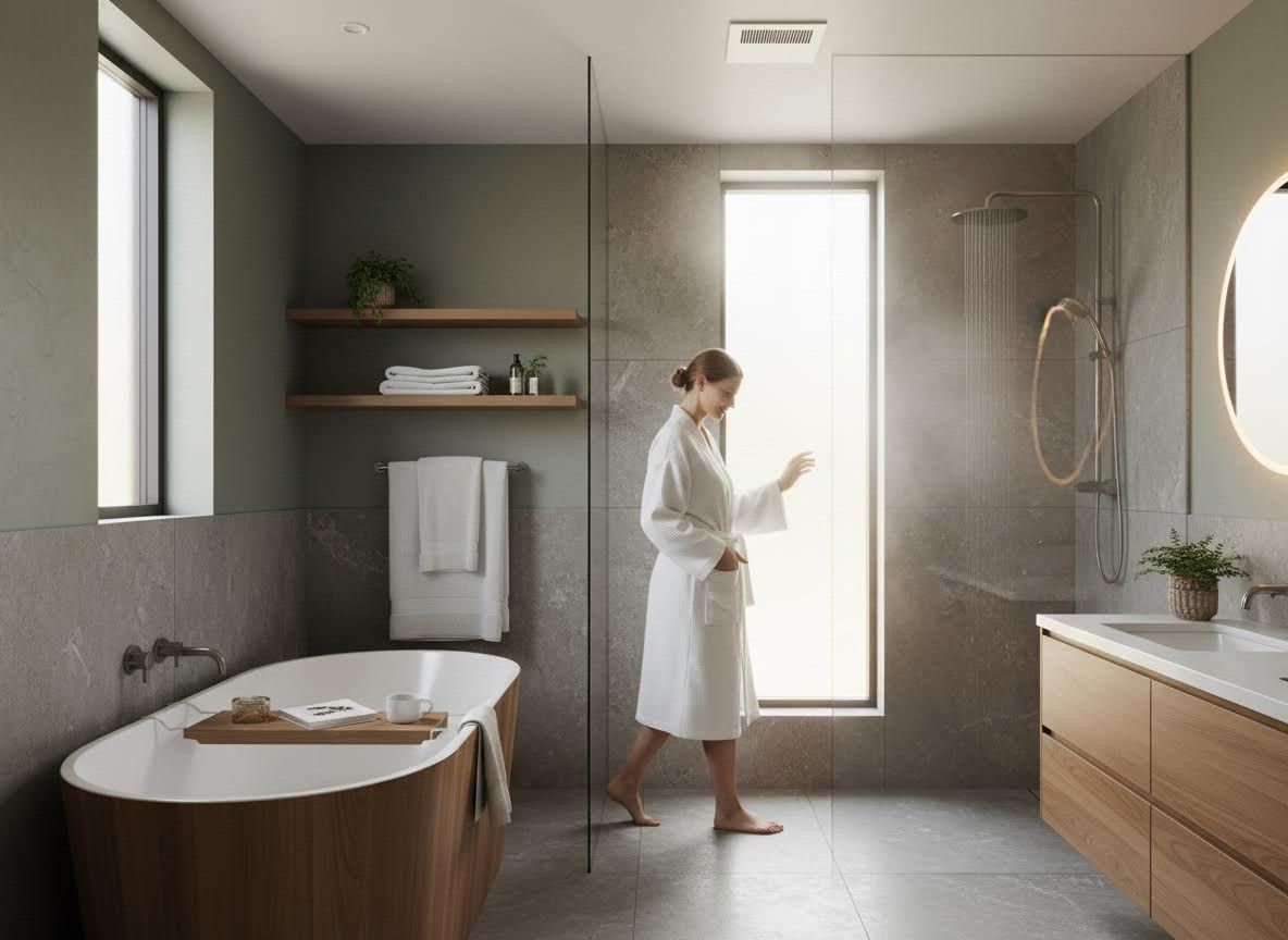 Modern Spa Bathroom with Woman in Robe