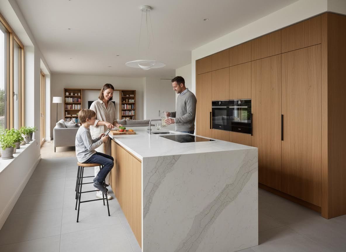 Family cooking together in a modern open-plan kitchen