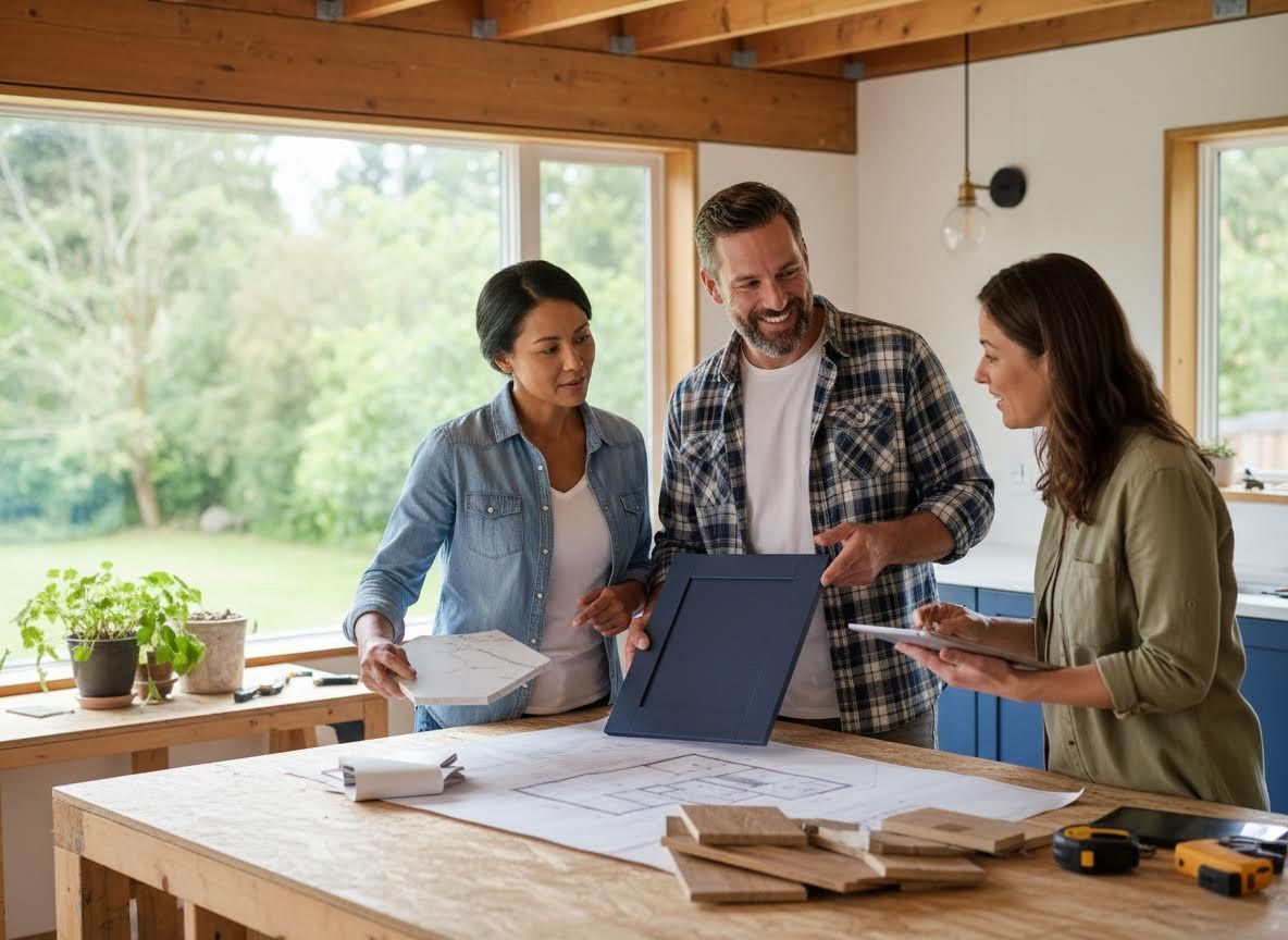 Couple and Designer Planning Home Renovation with Blueprints and Samples