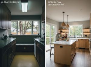 Comparison of a dark, outdated kitchen with fluorescent light to a bright, modern Pacific Northwest kitchen design with a family. Outdated Kitchen Transformed to Modern PNW Design