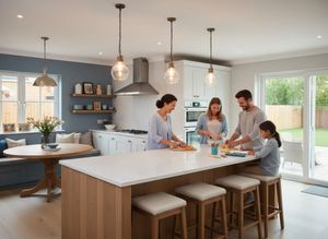 Family cooking and doing homework in a modern kitchen