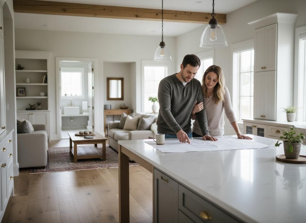 Couple Reviewing Home Blueprints in Modern Kitchen