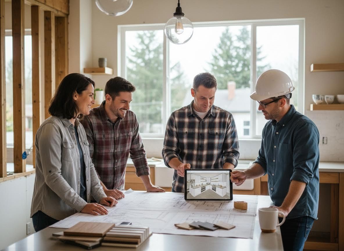 Construction team and homeowners reviewing kitchen design