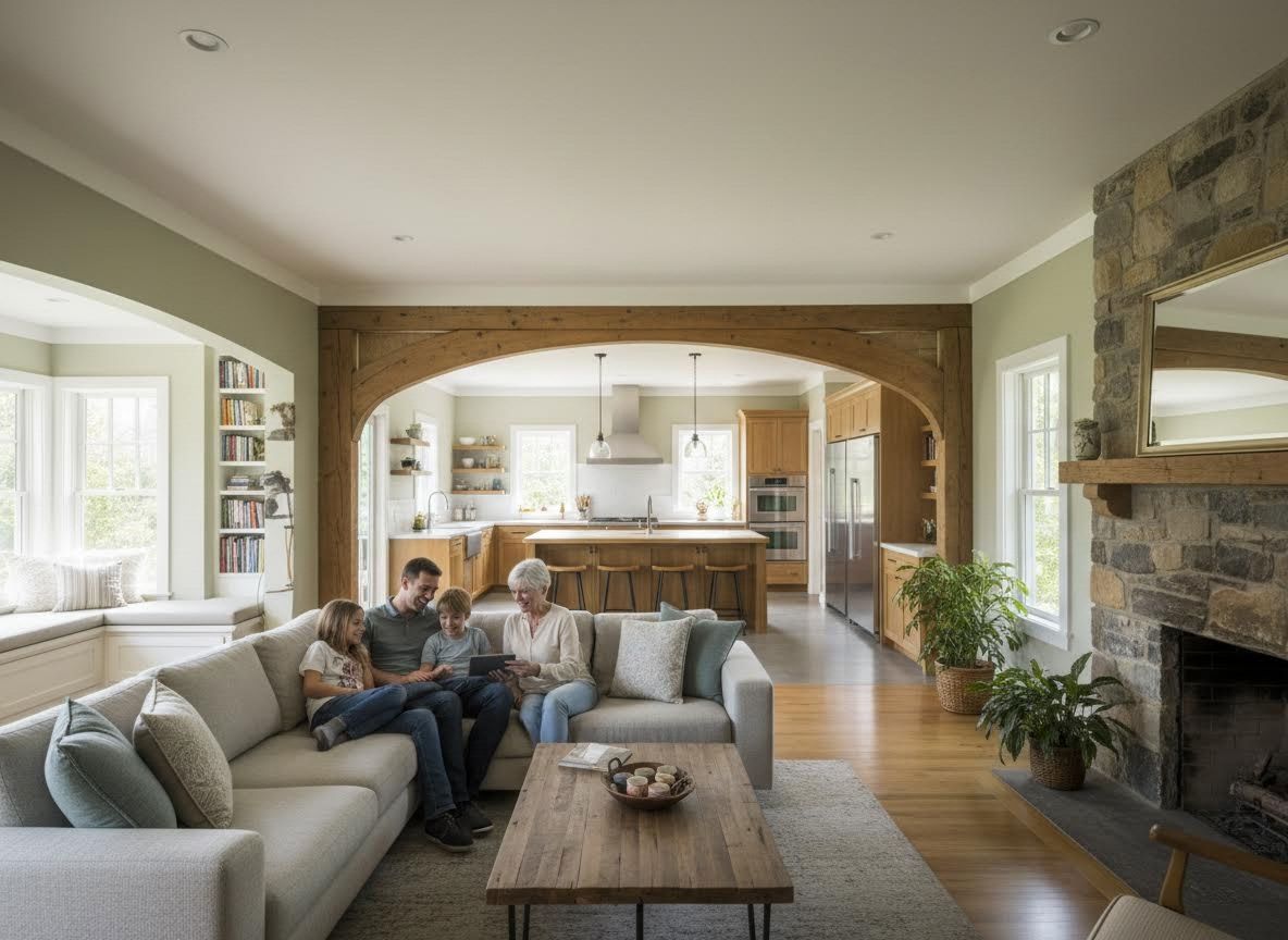 Family using tablet in open-concept living room and kitchen