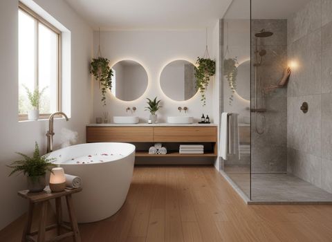 Luxurious modern bathroom featuring a steamy freestanding tub, wood vanity with dual sinks, backlit mirrors, and a spacious walk-in shower. Modern Bathroom with Freestanding Bathtub, Double Vanity, and Walk-in Shower
