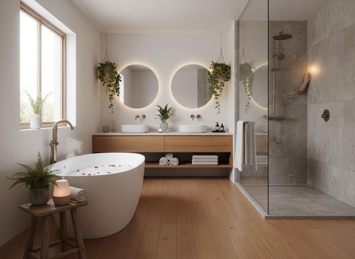 Modern Bathroom with Freestanding Bathtub, Double Vanity, and Walk-in Shower