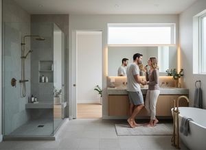 Modern Bathroom with Couple and Brass Fixtures
