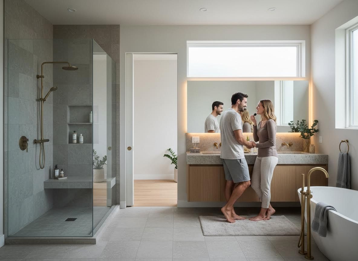Modern Bathroom with Couple and Brass Fixtures