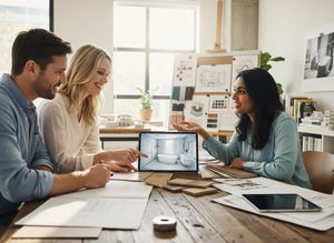 A couple and an interior designer review a modern bathroom design on a tablet. Blueprints and material samples are on the table. Interior Designer Discussing Bathroom Renovation Plans with Clients