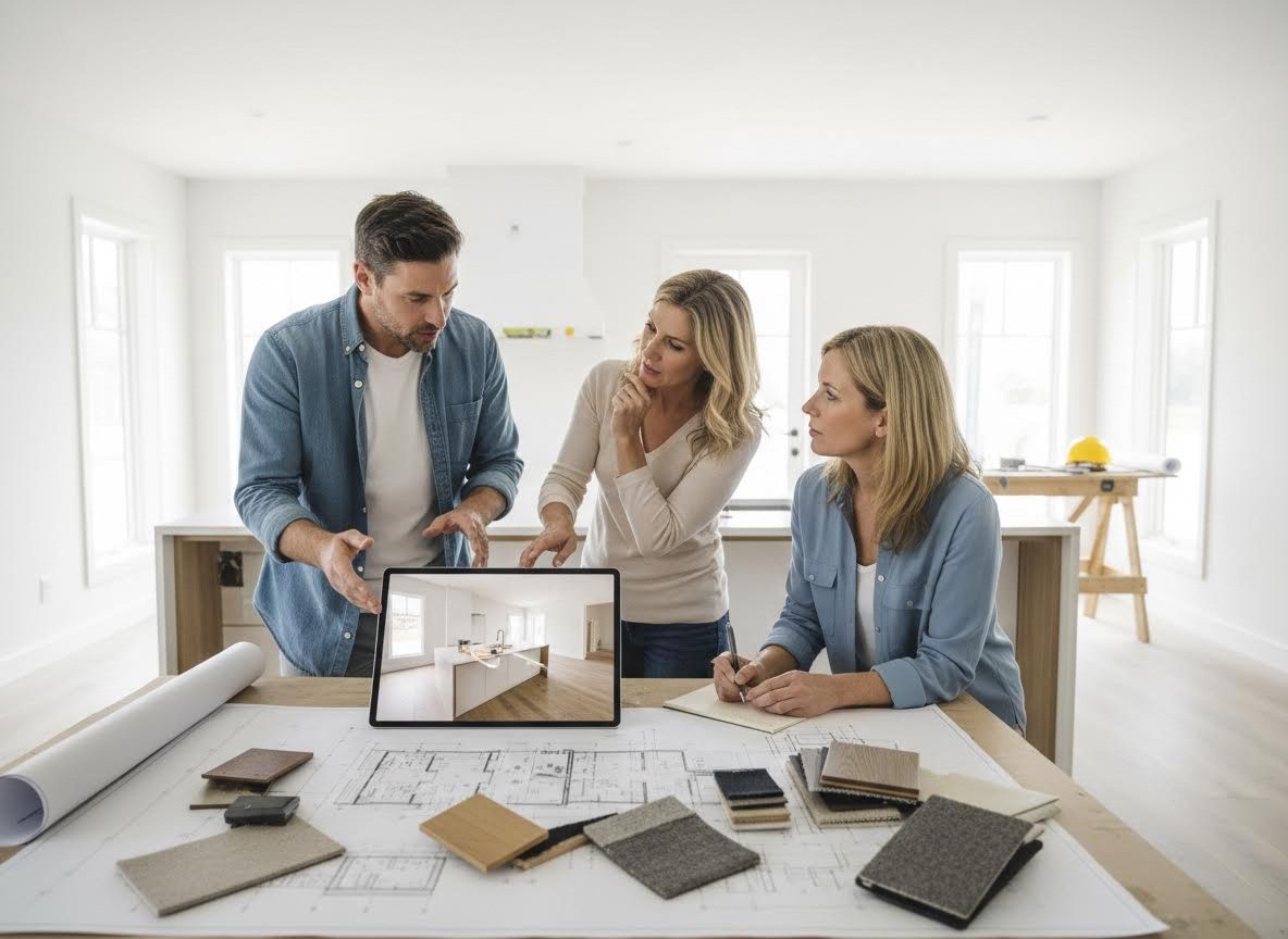 Couple and designer planning kitchen renovation