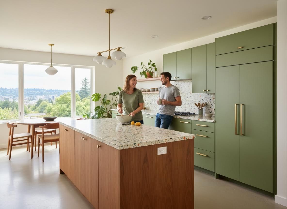 Couple in Modern Green and Wood Kitchen
