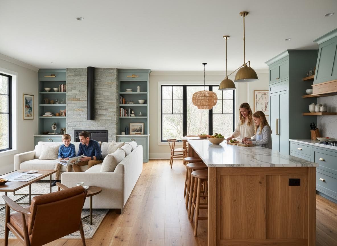 Family in open-plan living room and kitchen