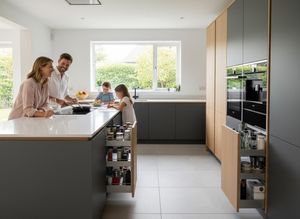 A happy family of four in a sleek, modern kitchen. Dad cooks, mom sips wine, and children draw at the island with integrated storage. Family Enjoying a Modern Kitchen
