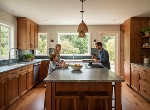 Happy family preparing meal in spacious kitchen