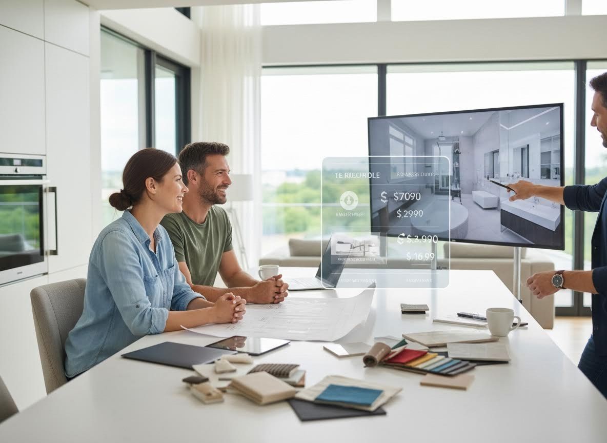 Couple and designer review virtual bathroom design with augmented reality pricing