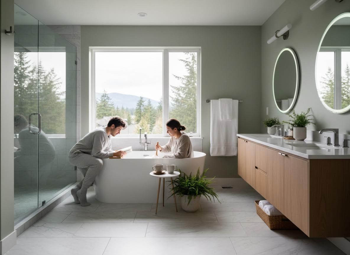 Couple relaxing in a luxurious modern bathroom