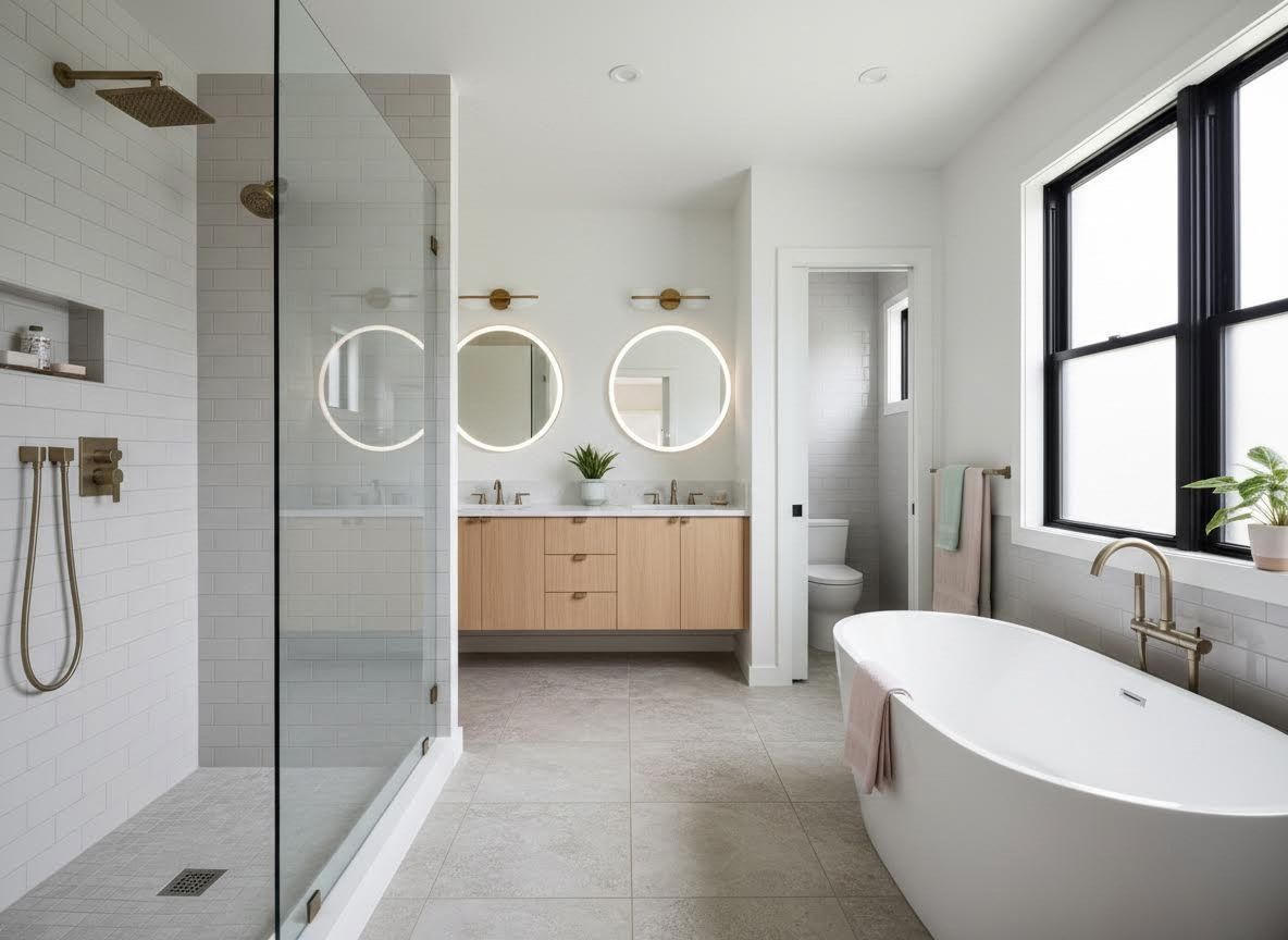 Modern Bathroom with Walk-in Shower, Double Vanity, and Freestanding Tub