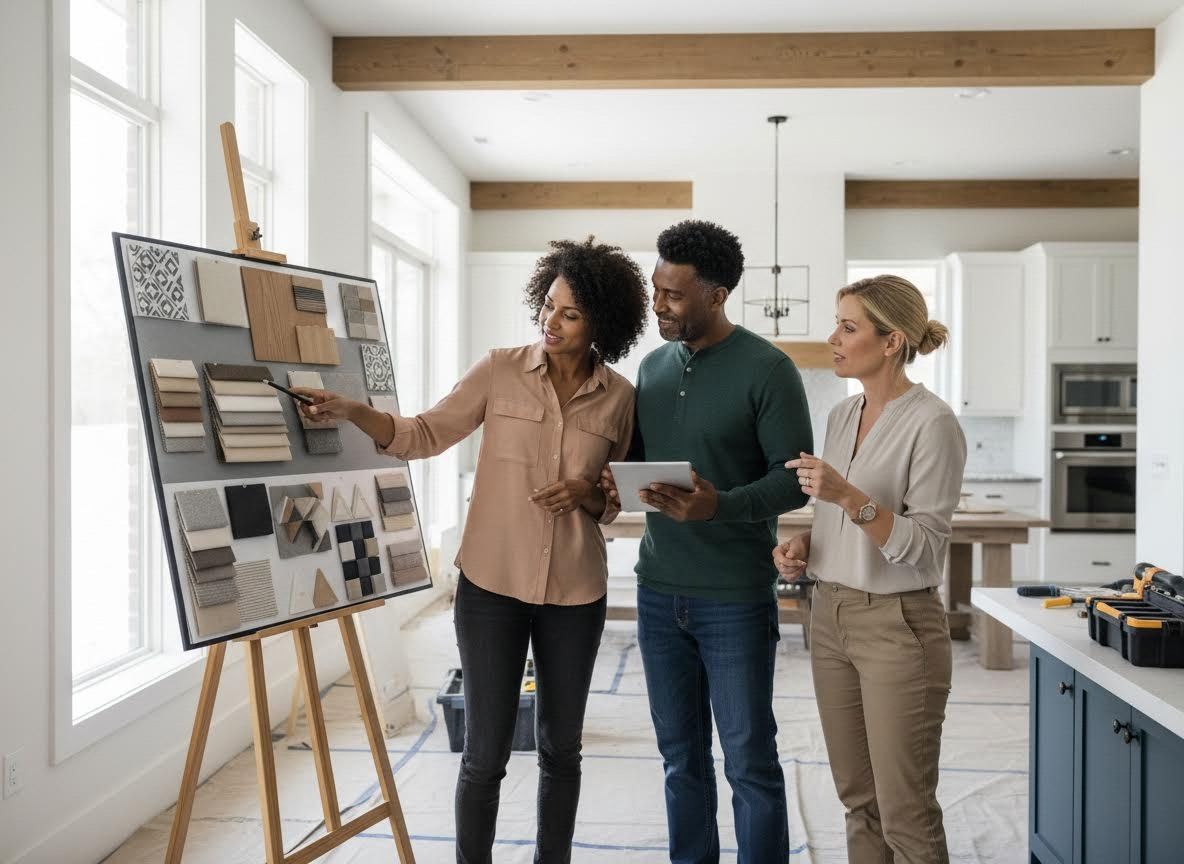 Interior designer consults with couple on home renovation materials
