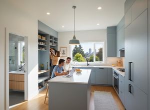 A bright, light blue kitchen with a white island where two men use laptops, and a woman organizes a nearby closet. City view through window. Modern Light Blue Kitchen with Integrated Storage and Active Residents