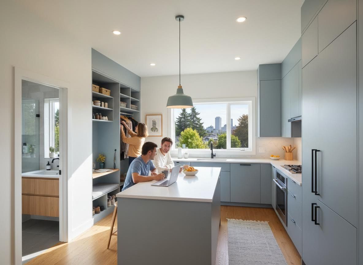 Modern Light Blue Kitchen with Integrated Storage and Active Residents