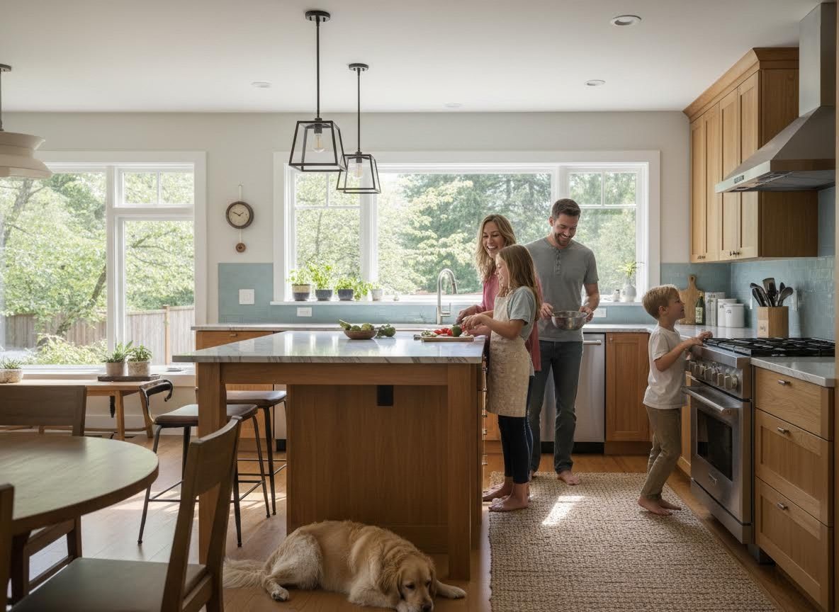 Family preparing food in a kitchen with a dog