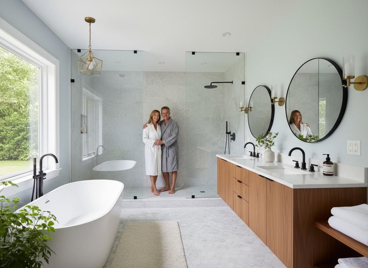 Couple in Bathrobes in Modern Luxury Bathroom