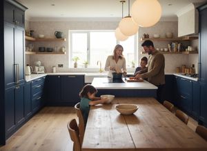 Family Cooking Together in a Modern Navy Blue Kitchen