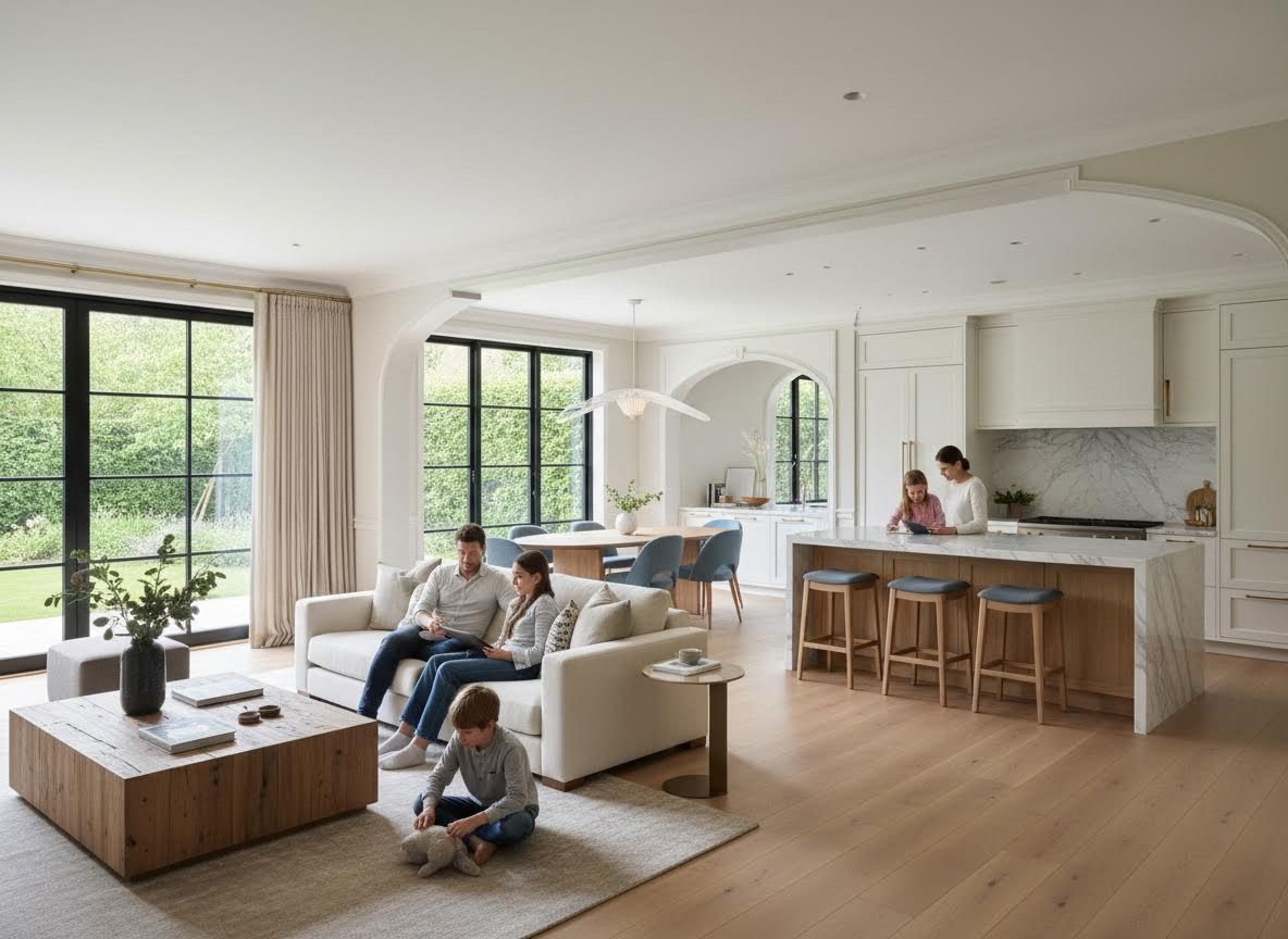 Family enjoying activities in a modern open-plan home