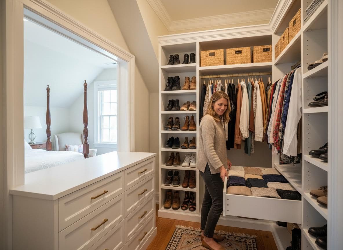 Woman organizing clothes in a custom closet with bedroom view