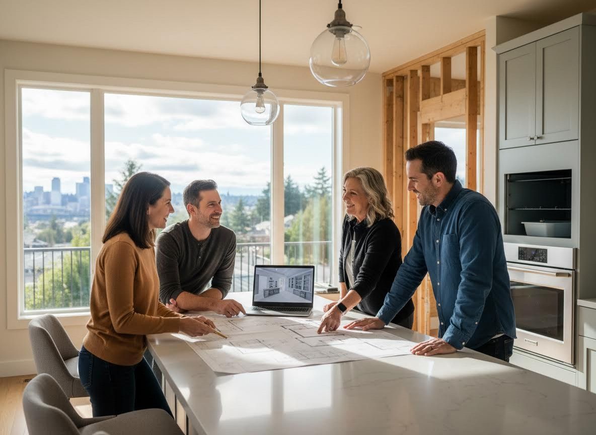 People Discussing Home Renovation Plans with Blueprints
