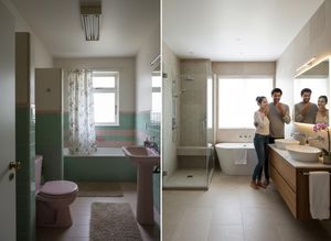 A split image shows an outdated pink and green bathroom on the left and a sleek, modern, tiled bathroom on the right, featuring a couple brushing teeth. Before and after bathroom renovation: dated pink and green to modern and spacious