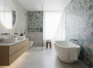 Modern Bathroom with Freestanding Tub and Hexagonal Tiles