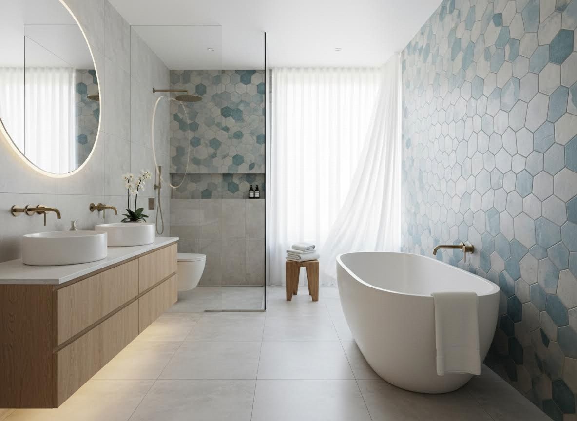 Modern Bathroom with Freestanding Tub and Hexagonal Tiles