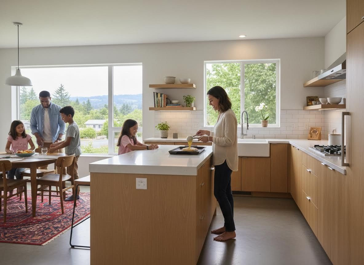 Family in a modern kitchen preparing and enjoying a meal