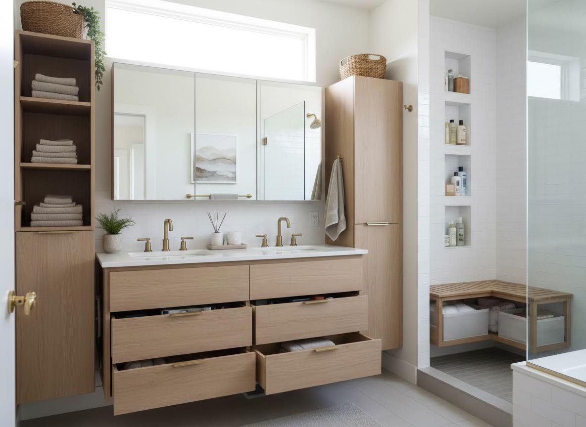 Modern Bathroom with Wood Double Vanity and Walk-in Shower
