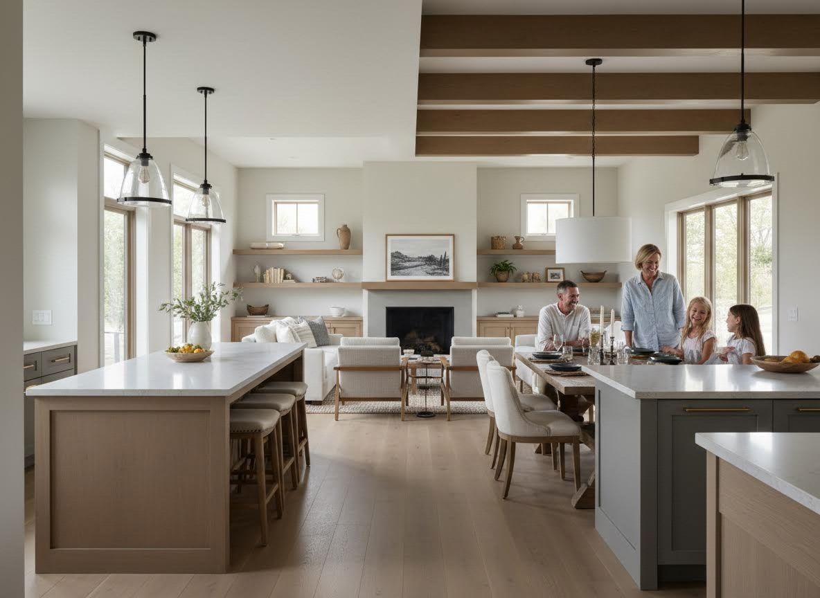 Family in modern open-plan kitchen and living room