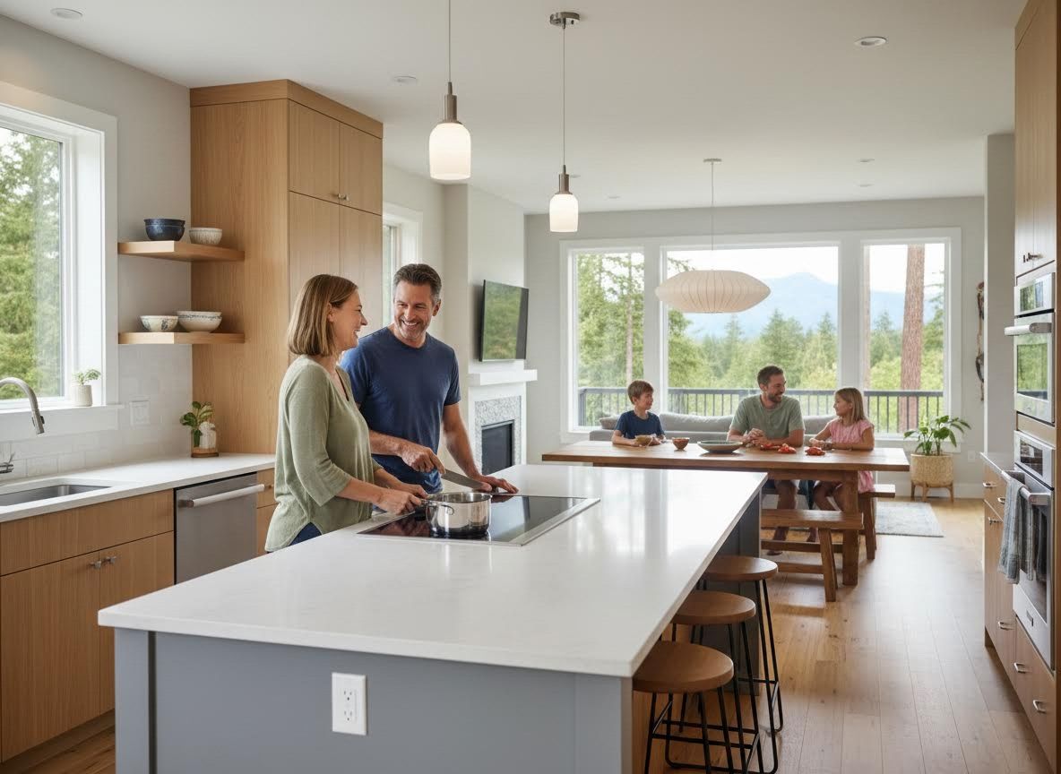 Family cooking and dining in a modern open-plan kitchen