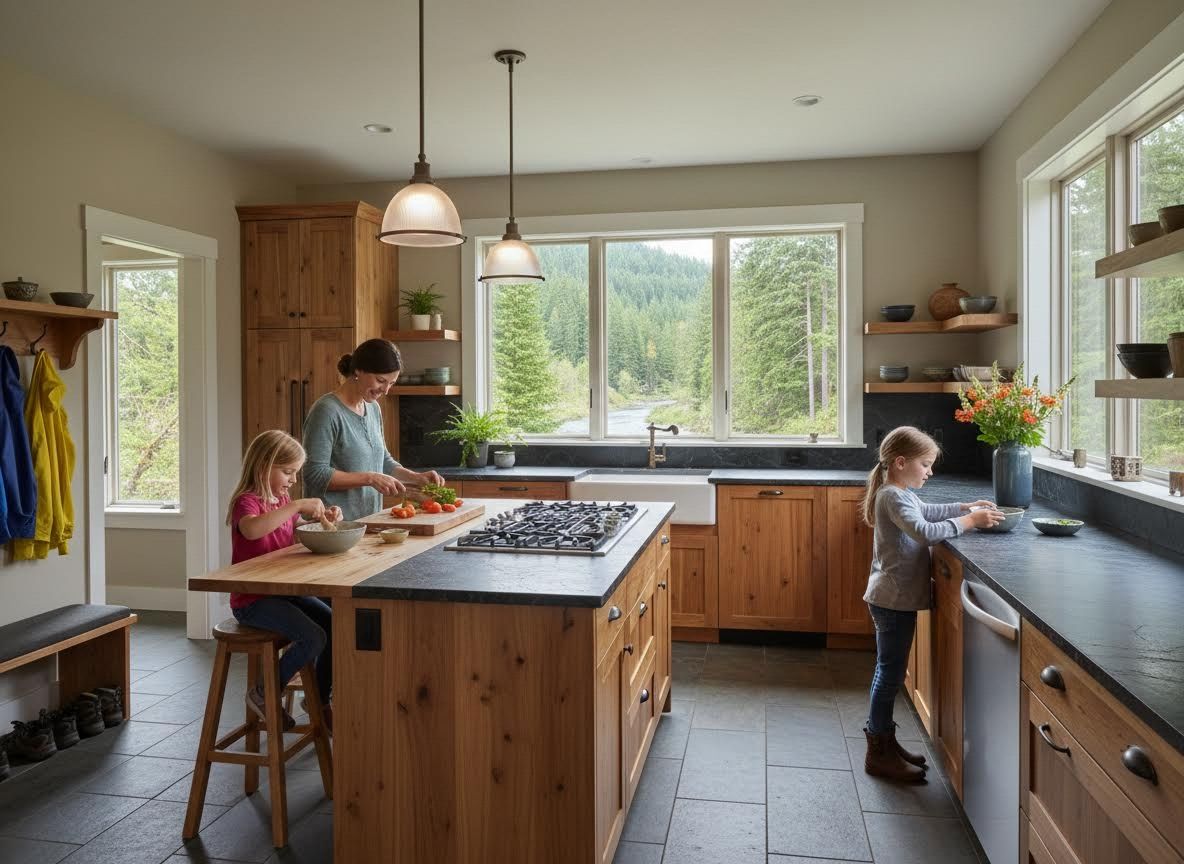 Family Cooking in a Kitchen with a River and Forest View