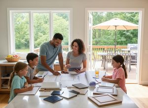 A happy family, including parents and three children, gathers around a table with blueprints and material samples, planning home improvements. Family reviewing home renovation plans