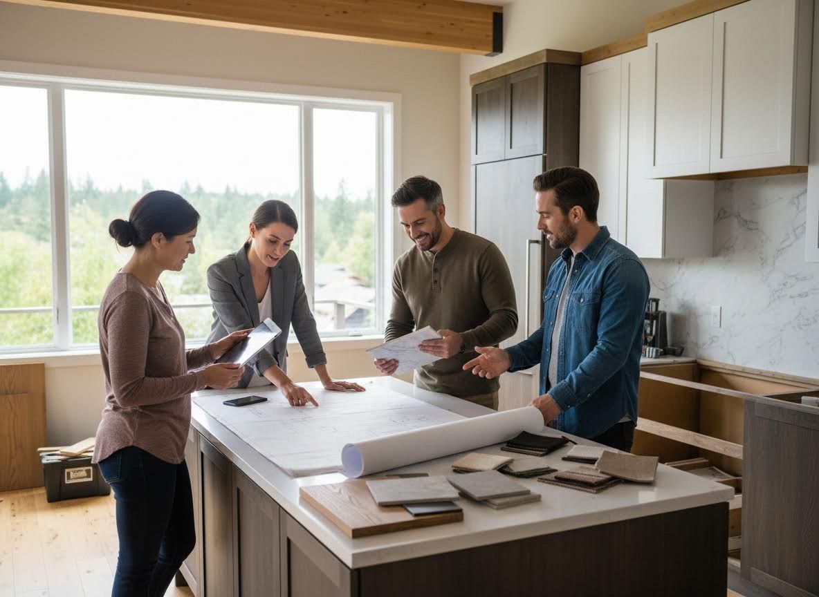 Home design team reviewing kitchen blueprints and material samples.