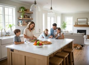 A happy family of five, including parents and three children, engaged in cooking and learning activities together in their bright kitchen. Happy Family Activities in a Bright Modern Kitchen