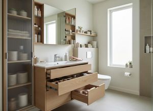 Modern Bathroom with Wood Vanity and Organized Storage
