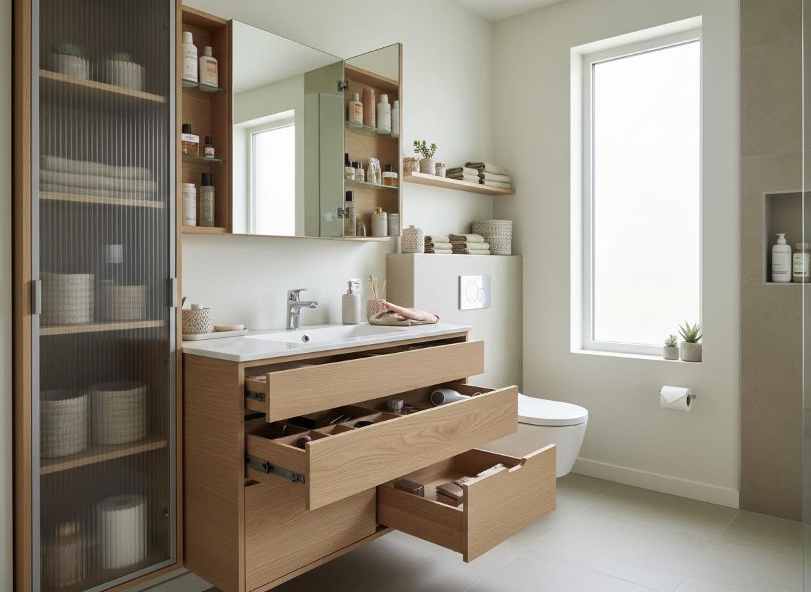 Modern Bathroom with Wood Vanity and Organized Storage
