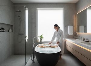 Woman preparing a relaxing bath in a modern luxury bathroom