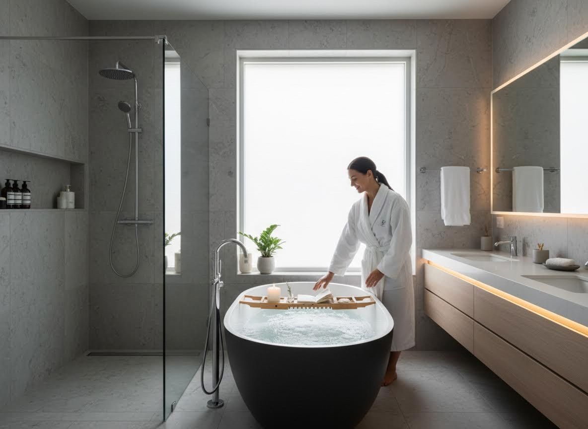 Woman preparing a relaxing bath in a modern luxury bathroom